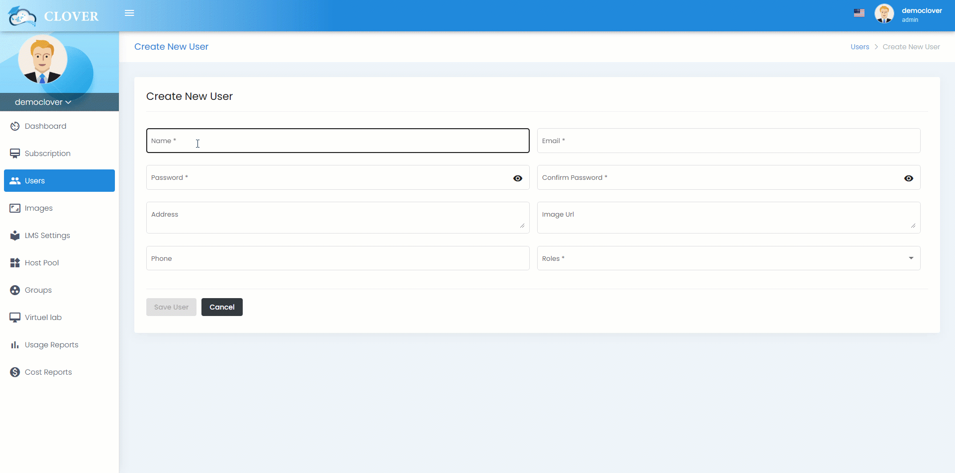 Visual representation of Clover’s user management interface, showing options to create users, sync with Microsoft Entra ID, or retrieve users from the LMS related to the virtual training labs.